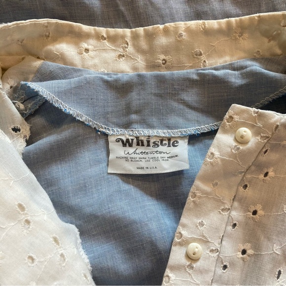 Vintage Blouse Light Blue with White Eyelet Trim and Puffy Shoulders - Picture 11 of 14